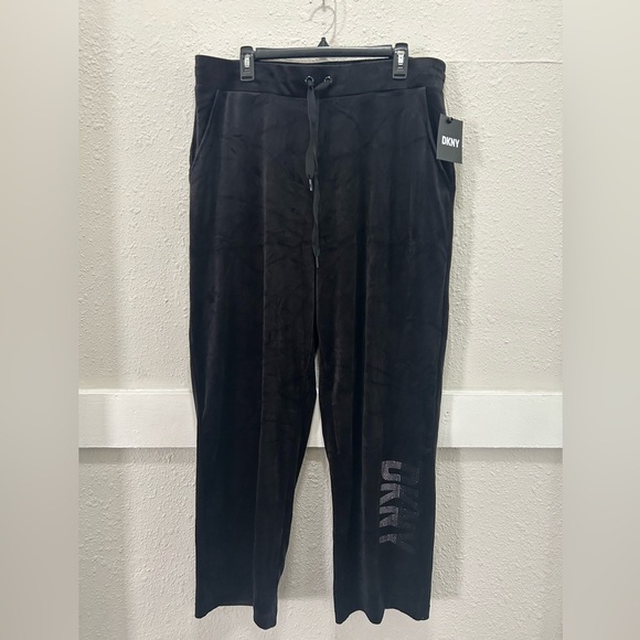 Dkny Pants - DKNY Velour Rhinestone Logo Women's Black Sweatpants NWT Large